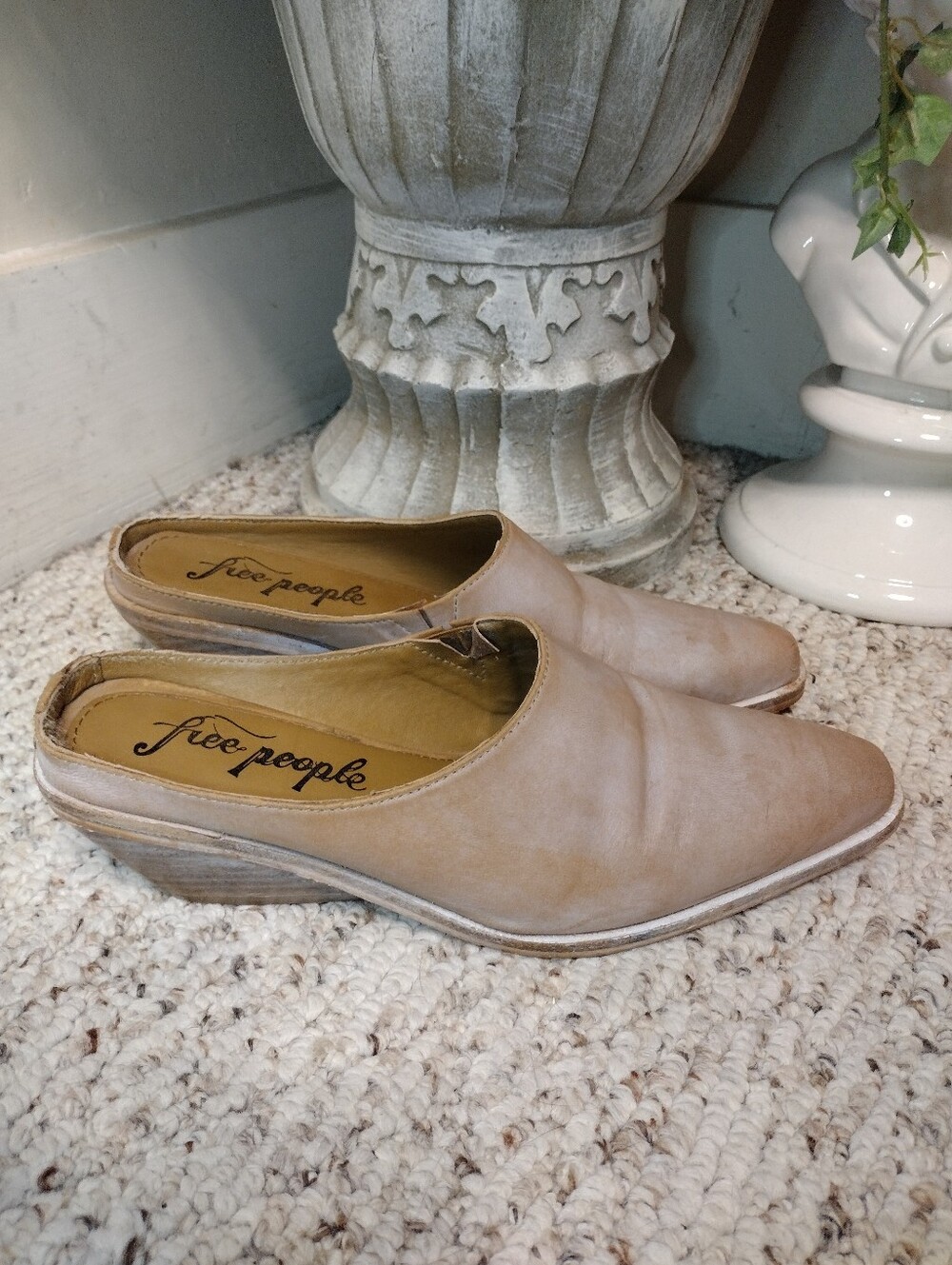 Anthropologie Free People Tallulah Frosted Taupe Boho Western Wedge Mules